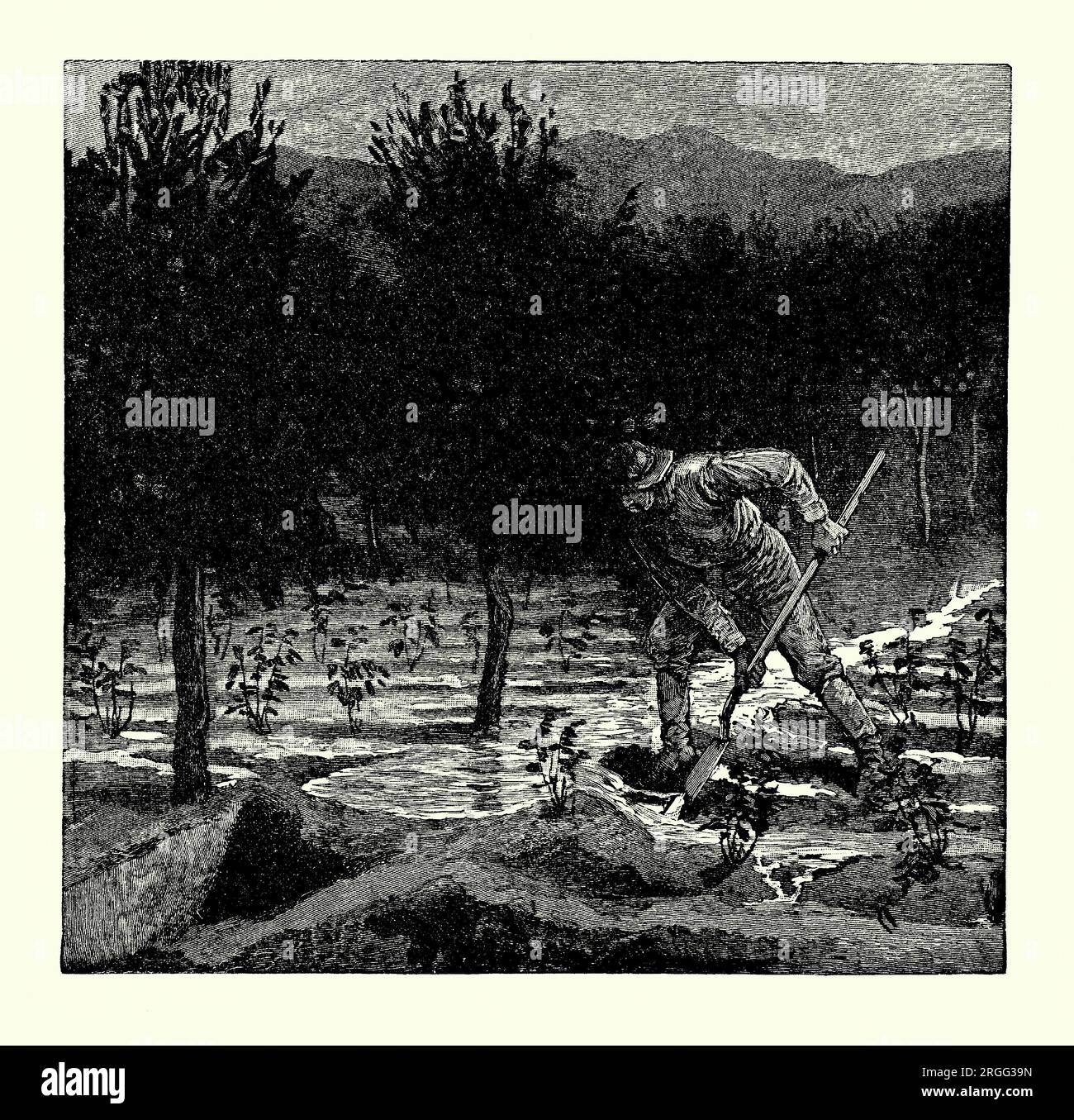 An old engraving of a man at work to provide irrigation water to his