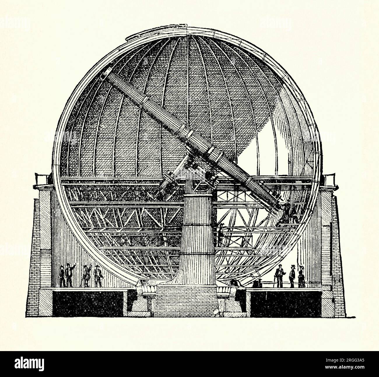 An old engraving of The James Lick Telescope at the University of California's Lick Observatory, Mount Hamilton, California, USA c.1890. It is from an American history book of 1895. The James Lick Telescope is a refracting telescope built in 1888. It has a lens 91 centimetres (36 in) in diameter –a major achievement in its day and it was the largest refracting telescope in the world until 1897. It is on the summit of Mount Hamilton, in the Diablo Range just east of San Jose, California. The instrument (also called the ‘Great Lick Refractor’ or simply ‘Lick Refractor’) is still operating. Stock Photo