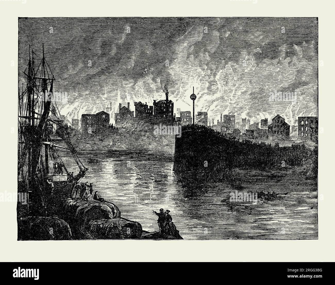 An old engraving of The Great Chicago Fire of 1871 from the waterfront. It is from an American history book of 1895. The conflagration burned in the city of Chicago, Illinois, USA during October 8–10 that year. The fire killed approximately 300 people, destroyed roughly 3.3 square miles of the city including over 17,000 structures, and left more than 100,000 residents homeless. The fire began in a neighbourhood southwest of the city centre. A long period of hot, dry, windy conditions, and the wooden construction contributed to the devastation. The fire destroyed much of central Chicago. Stock Photo
