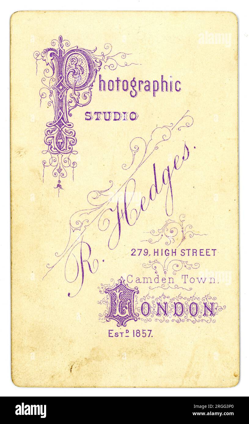 Reverse of ornate original British Victorian CDV (carte de visite or visiting card)  Photographic Studio of R. Hedges, Camden Town, London, circa 1878 Stock Photo