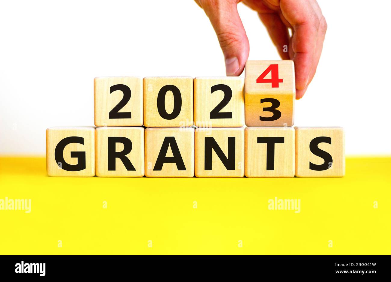 Planning 2024 grants new year symbol. Businessman turns a wooden cube