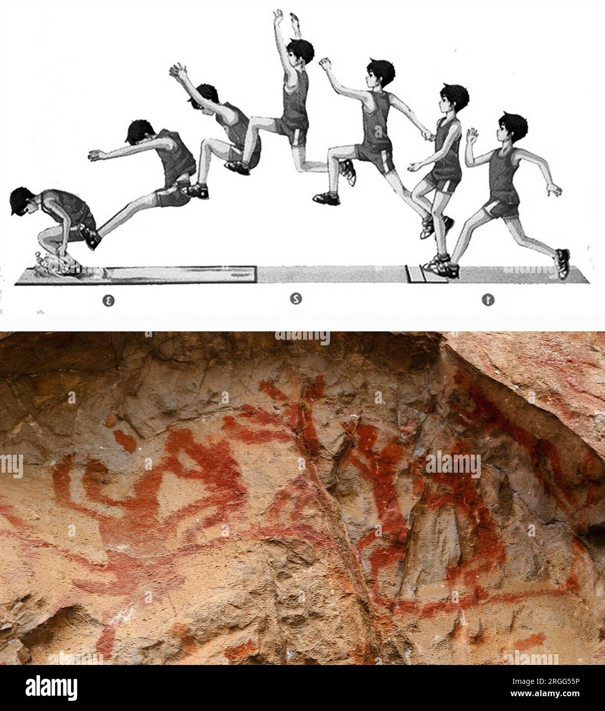 (230809) -- NINGMING, Aug. 9, 2023 (Xinhua) -- This combo photo shows a diagram (above) of the movements of jumping and a Huashan rock painting depicting jumping (photo taken by Xinhua photographer Fei Maohua on Aug. 8, 2023) in Ningming County, Chongzuo City, south China's Guangxi Zhuang Autonomous Region. The Zuojiang Huashan site is home to more than 1,900 well-preserved drawings on the face of the Huashan mountains along the Zuojiang River and its tributary Mingjiang River in Chongzuo.   The brownish red paintings, created from the Warring States Period (475-221 BC) to East Han Dynasty (25 Stock Photo