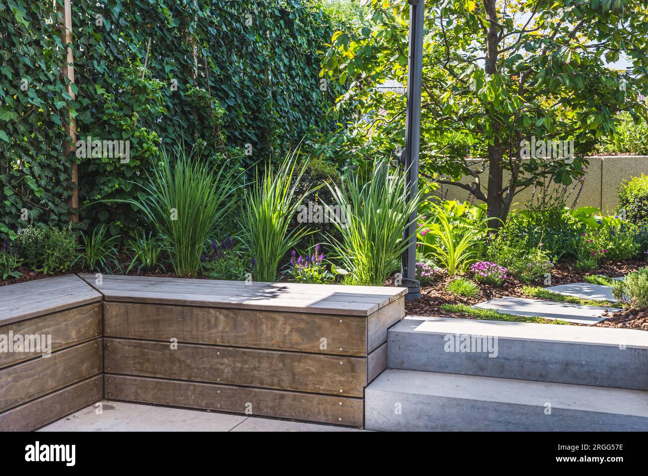 Cozy shady seating area made of concrete and wood in a garden Stock Photo