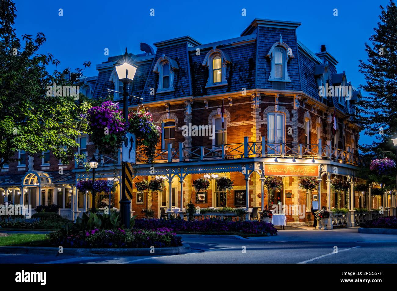 Ontario, Canada - July 10, 2023: Niagara on the Lake at night with the Prince of Wales Hotel all lit up. Stock Photo