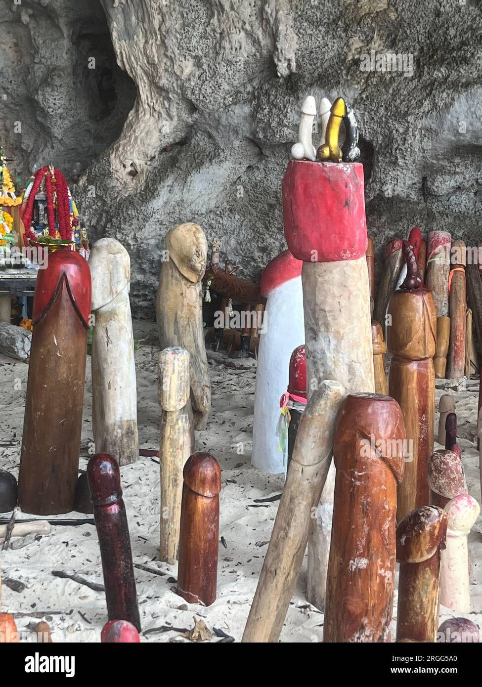Wooden penises at Phra nang Cave, Krabi, Thailand Stock Photo