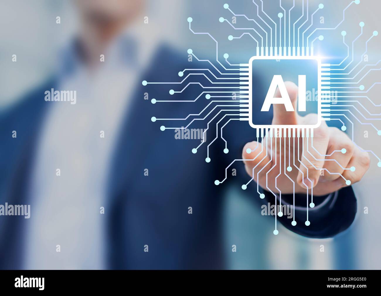 AI computing with neural engine processor. Artificial Intelligence for big data analytics, robotic process automation. Man working on neural network m Stock Photo