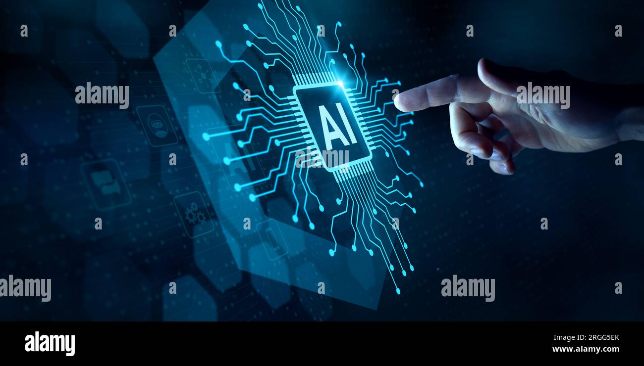AI computing with neural engine CPU. Artificial Intelligence for big data analytics, robotic process automation. Man working on neural network microch Stock Photo