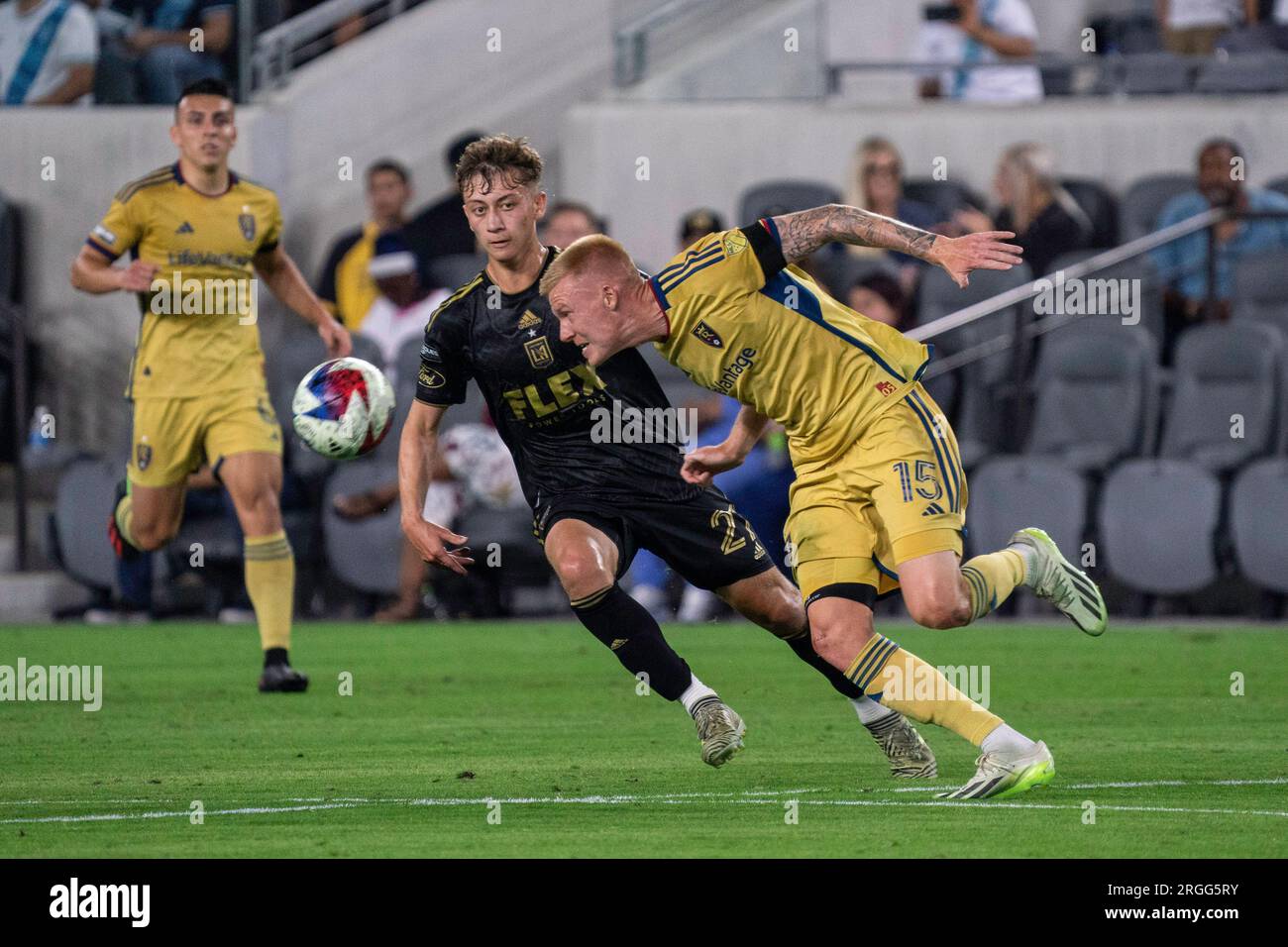 Real Salt Lake defender Justen Glad (15) heads the ball against LAFC forward Nathan Ordaz (27) during a Leagues Cup 2023 match, Tuesday, August 8, 202 Stock Photo