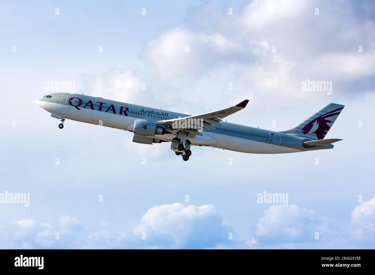 Boryspil, Ukraine - February 11, 2020: Airplane Airbus A330-300 (A7-AEF) of Qatar Airways is taking-off from Boryspil airport Stock Photo