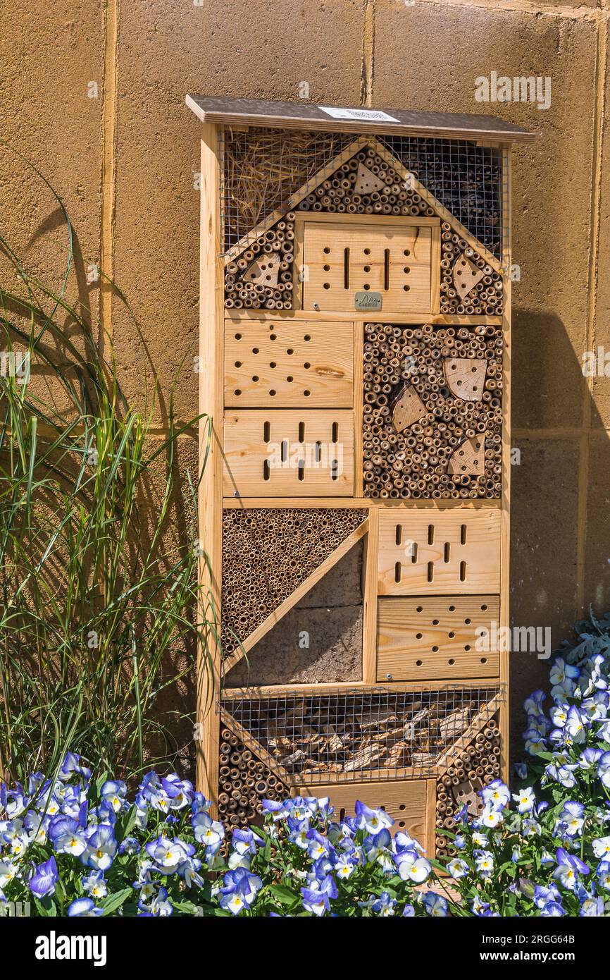 Insect hotel made of different materials to provide protection and nesting aid for bees and other insects Stock Photo