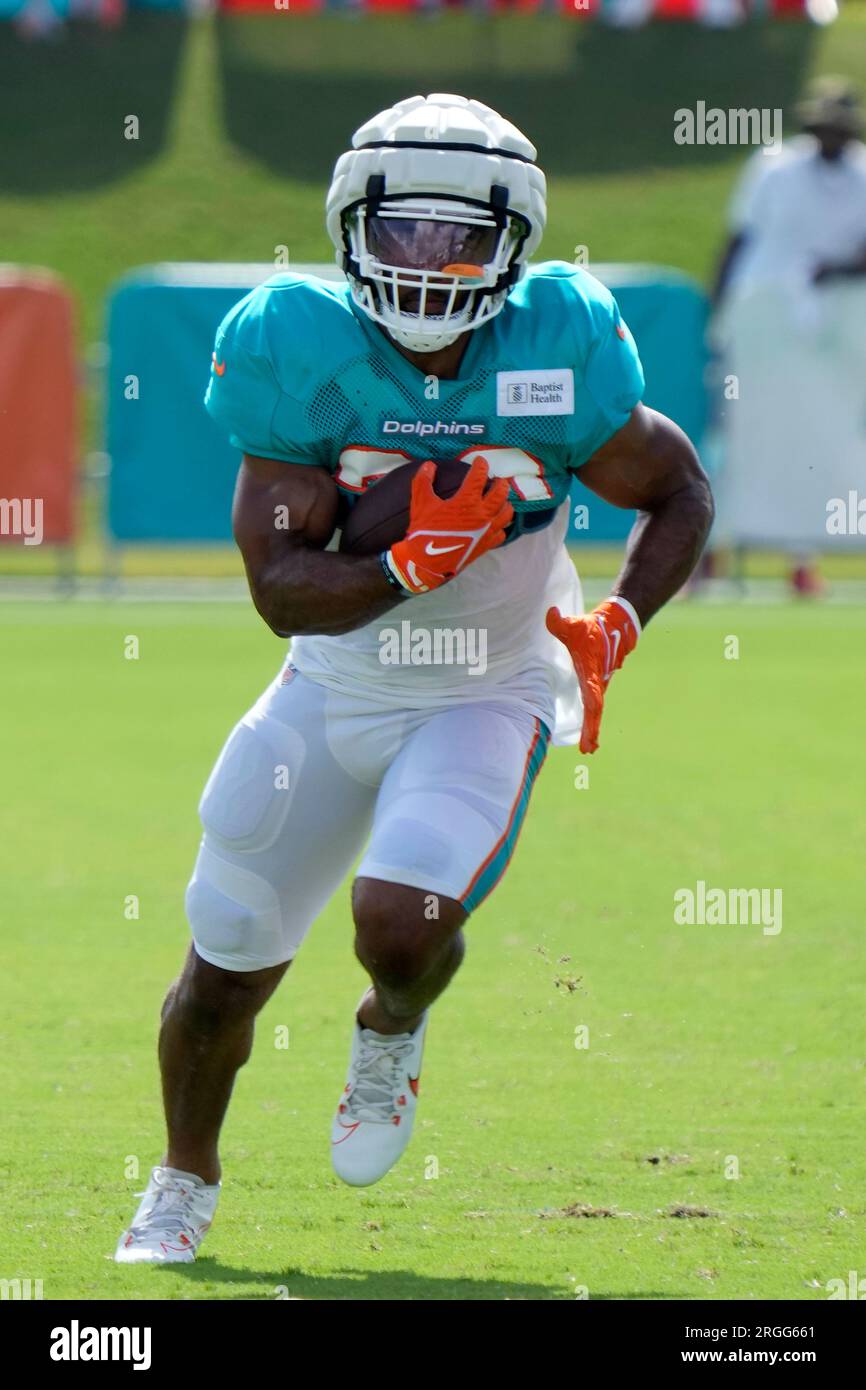 Miami Dolphins running back Chris Brooks (35) prepares to make a catch  before an NFL football game against the New England Patriots on Sunday,  Sept. 17, 2023, in Foxborough, Mass. (AP Photo/Greg