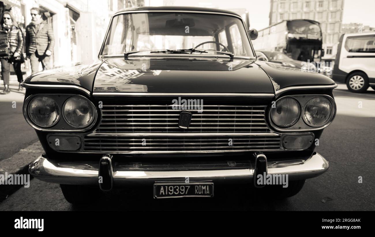 Close up, frontal view of a classic Fiat on the streets of Rome Stock ...
