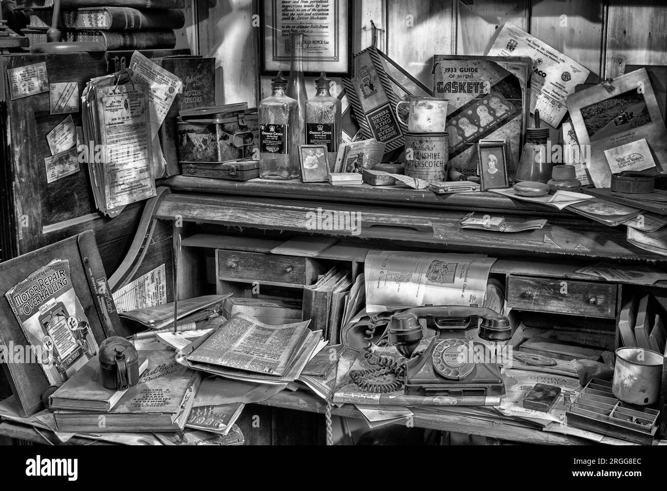 Cluttered office at Motor Works Garage at National Motor Museum