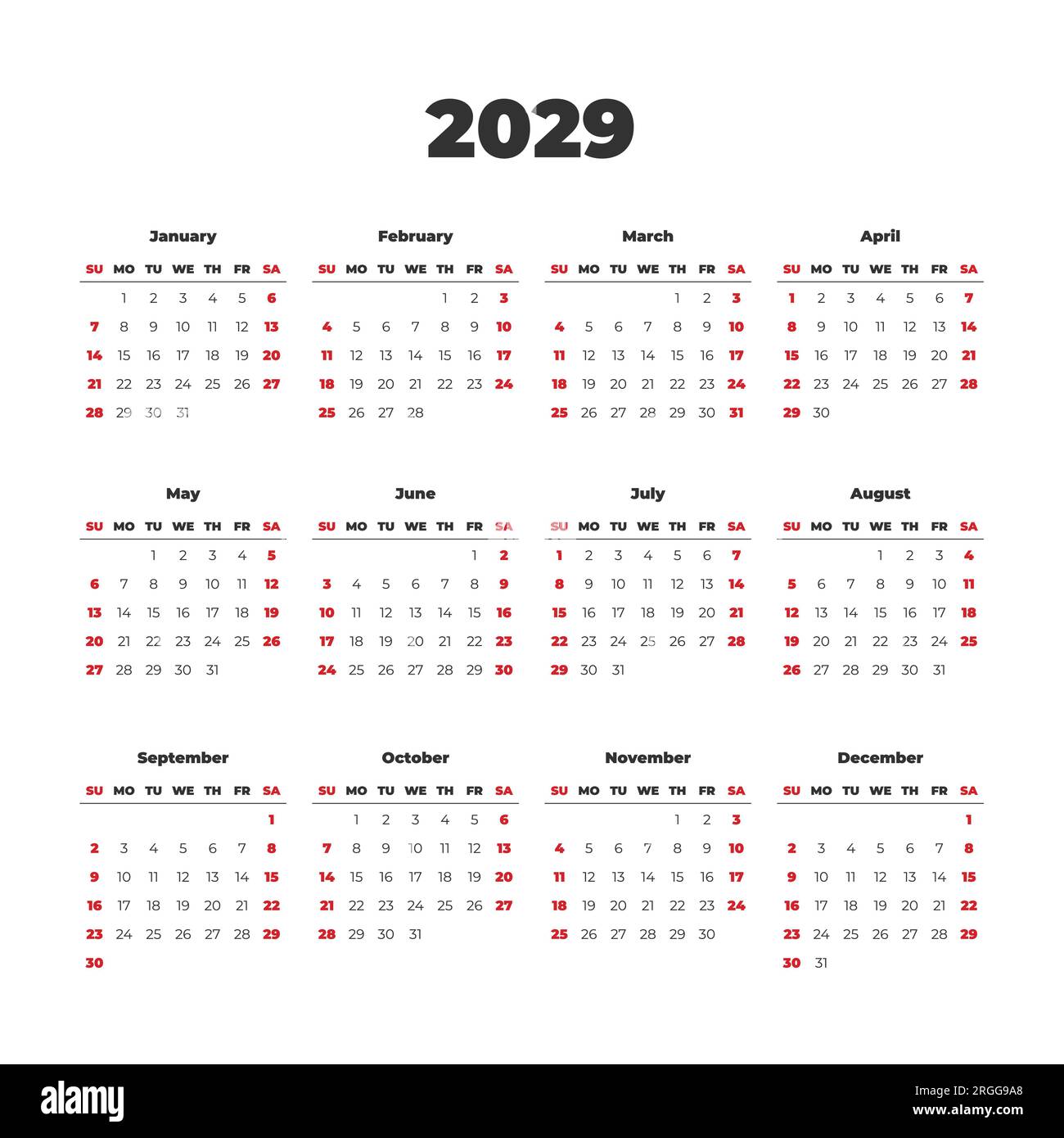 Simple vector calendar on 2029. Start from Sunday Stock Vector Image