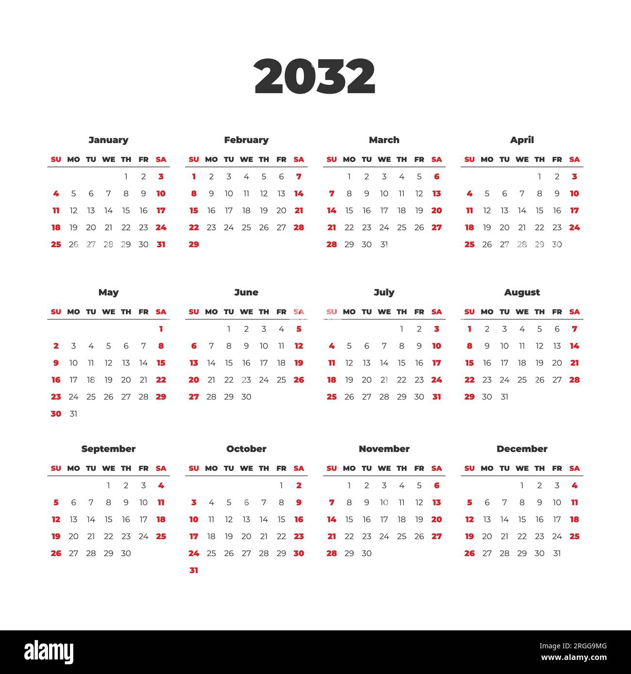 Simple vector calendar on 2032. Start from Sunday Stock Vector Image ...