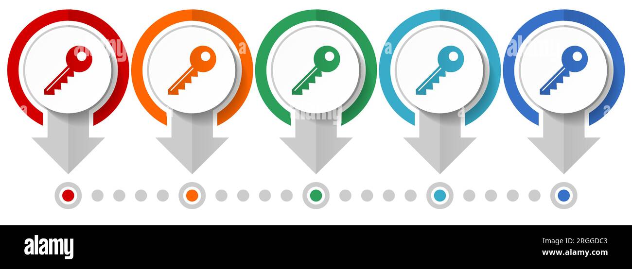 Key vector icon set, flat design infographic template, set pointer concept icons in 5 color options for webdesign and mobile applications Stock Vector