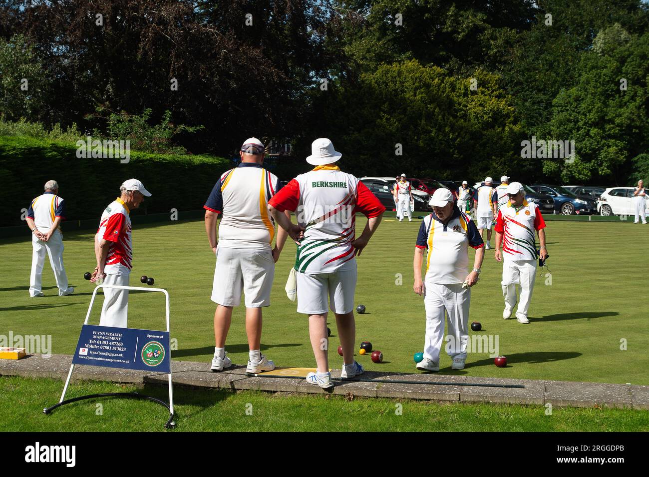 Windsor, Berkshire, UK. 9th August, 2023. Bowlers enjoying the afternoon sunshine at Windsor & Eton Bowling Club. After weeks of miserable weather, it was finally a lovely warm sunny day today in Windsor, Berkshire. Credit: Maureen McLean/Alamy Live News Stock Photo