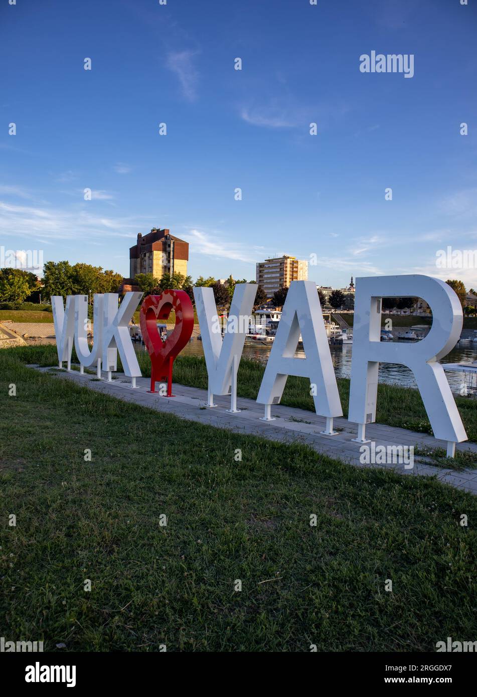 Vukovar sign on the bank of the Danube Stock Photo