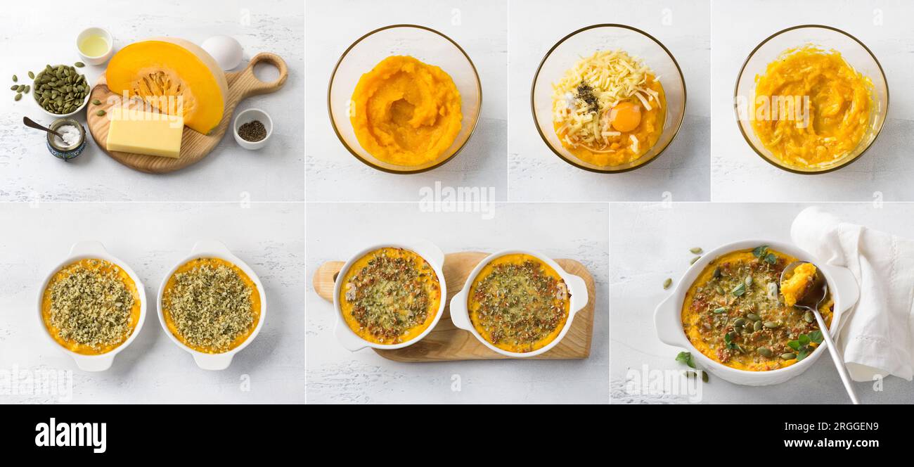 Collage of cooking vegetarian gluten free pumpkin casserole with cheese on a light gray table. Ingredients, cooking steps, step by step, finished dish Stock Photo
