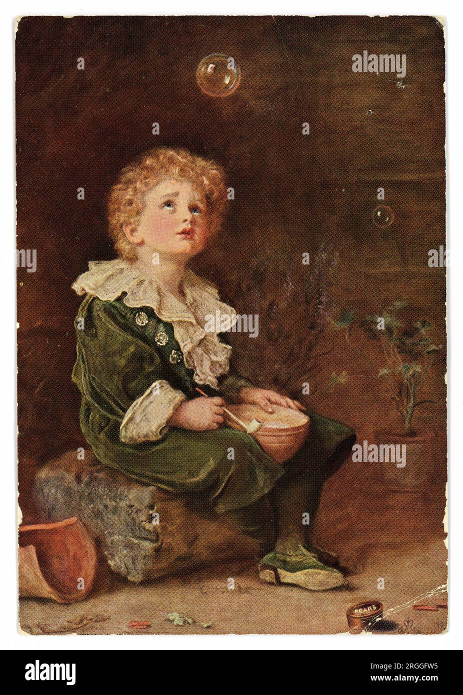 Original 1900's postcard promo card for Pear's soap - illustration of an angelic Victorian child Victorian boy, blowing bubbles with clay pipe was taken from an1886 painting by Sir John Everett Millais originally titled a Child's World, but renamed Bubbles once it was sold to Pears for the famous Pear's soap advert. A bar of Pears soap can be seen in the bottom right of the picture. This painting  became one of the most reproduced advertising images ever. It depicts Millais’s four-year-old grandson William Milbourne James. Millais was the youngest ever member of the British Royal Academy. U.K. Stock Photo