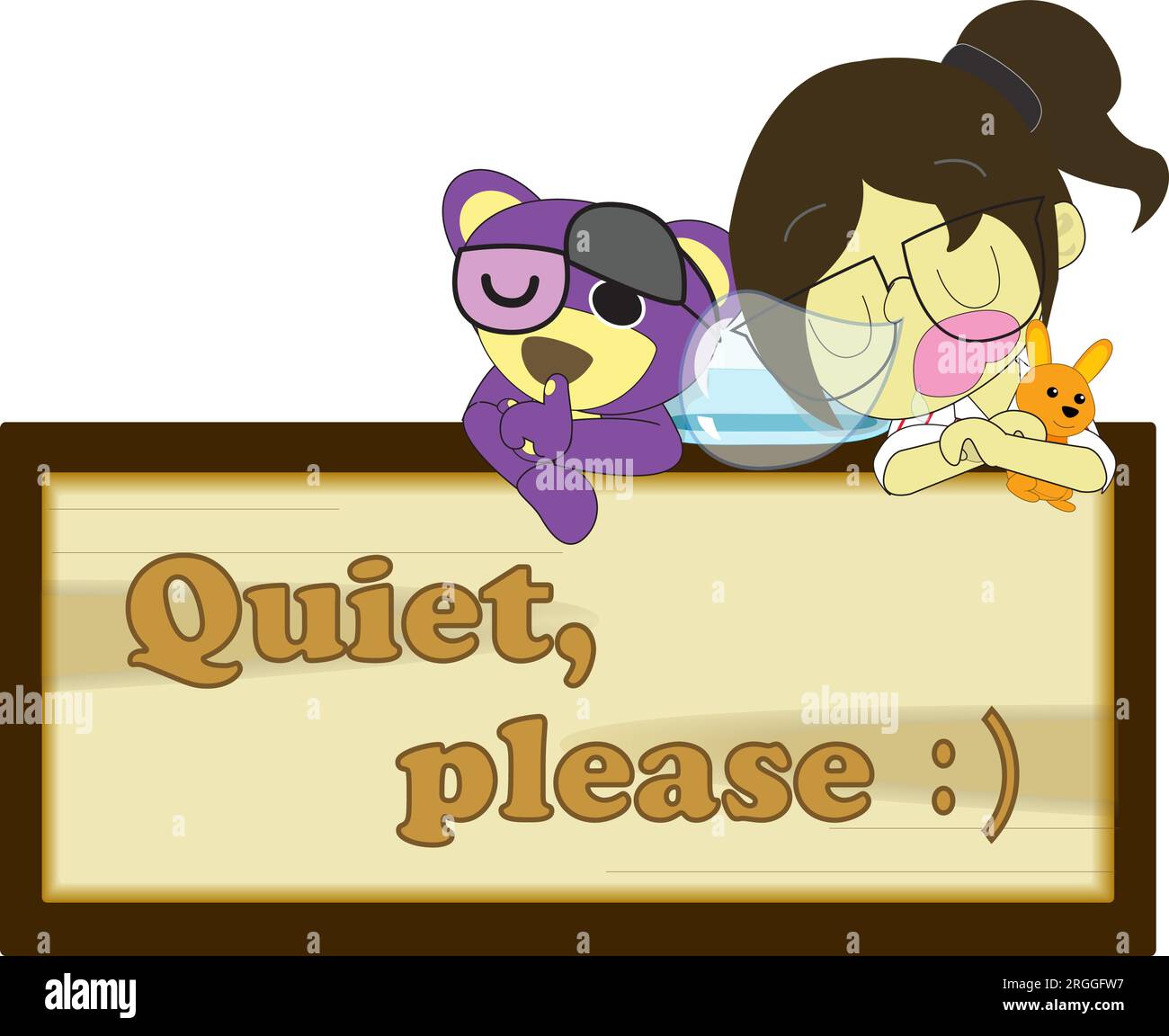 Quiet please board sign room,cute bear with girl beg to help quiet hanging door board Stock Vector