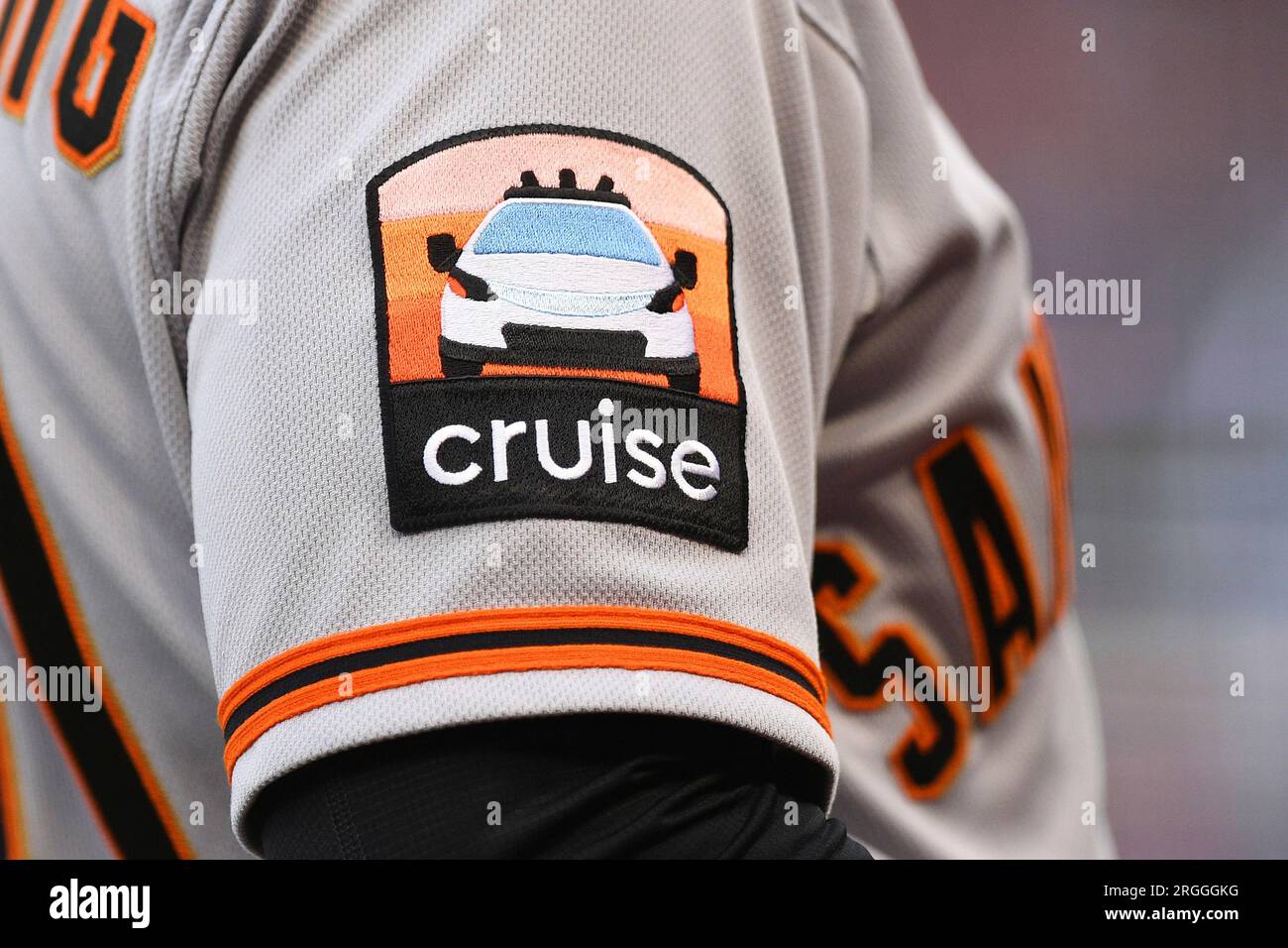 ANAHEIM, CA - AUGUST 08: The Cruise patch on the San Francisco Giants  uniform during the MLB game between the San Francisco Giants and the Los  Angeles Angels of Anaheim on August