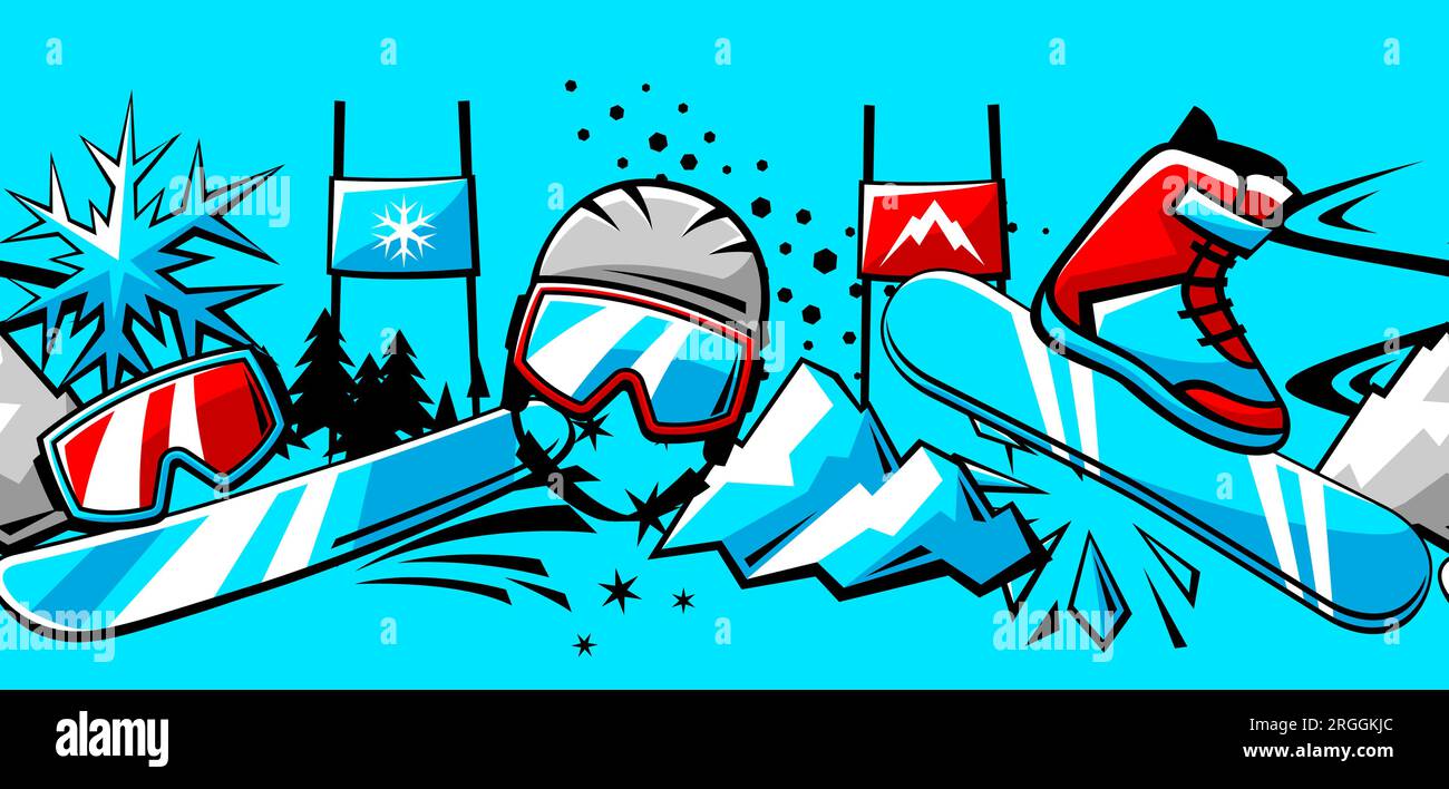 Pattern with snowboarding items. Winter sport illustration. Stock Vector