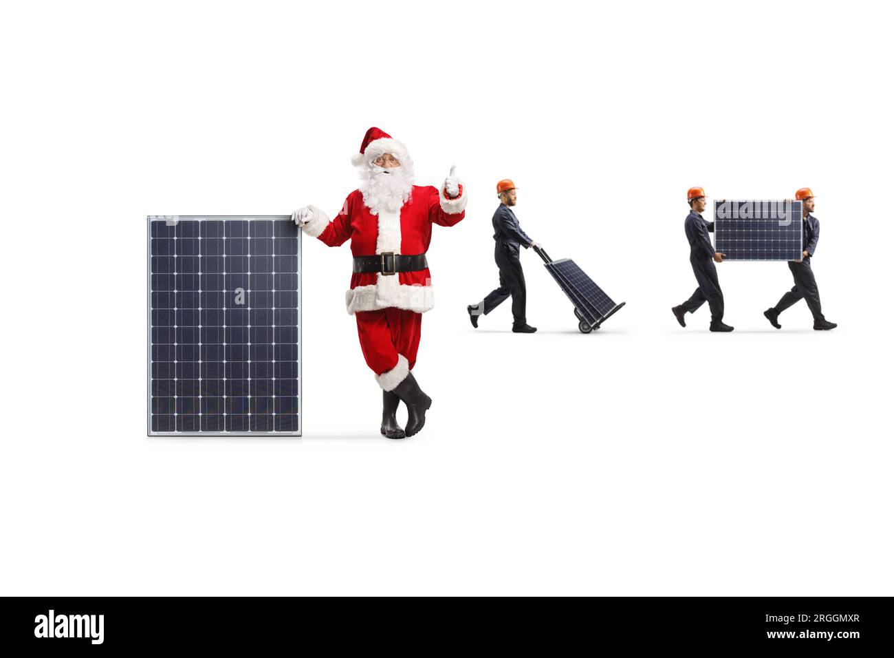 Santa claus gesturing thumbs up and factory workers carrying photovoltaic cells isolated on white background Stock Photo