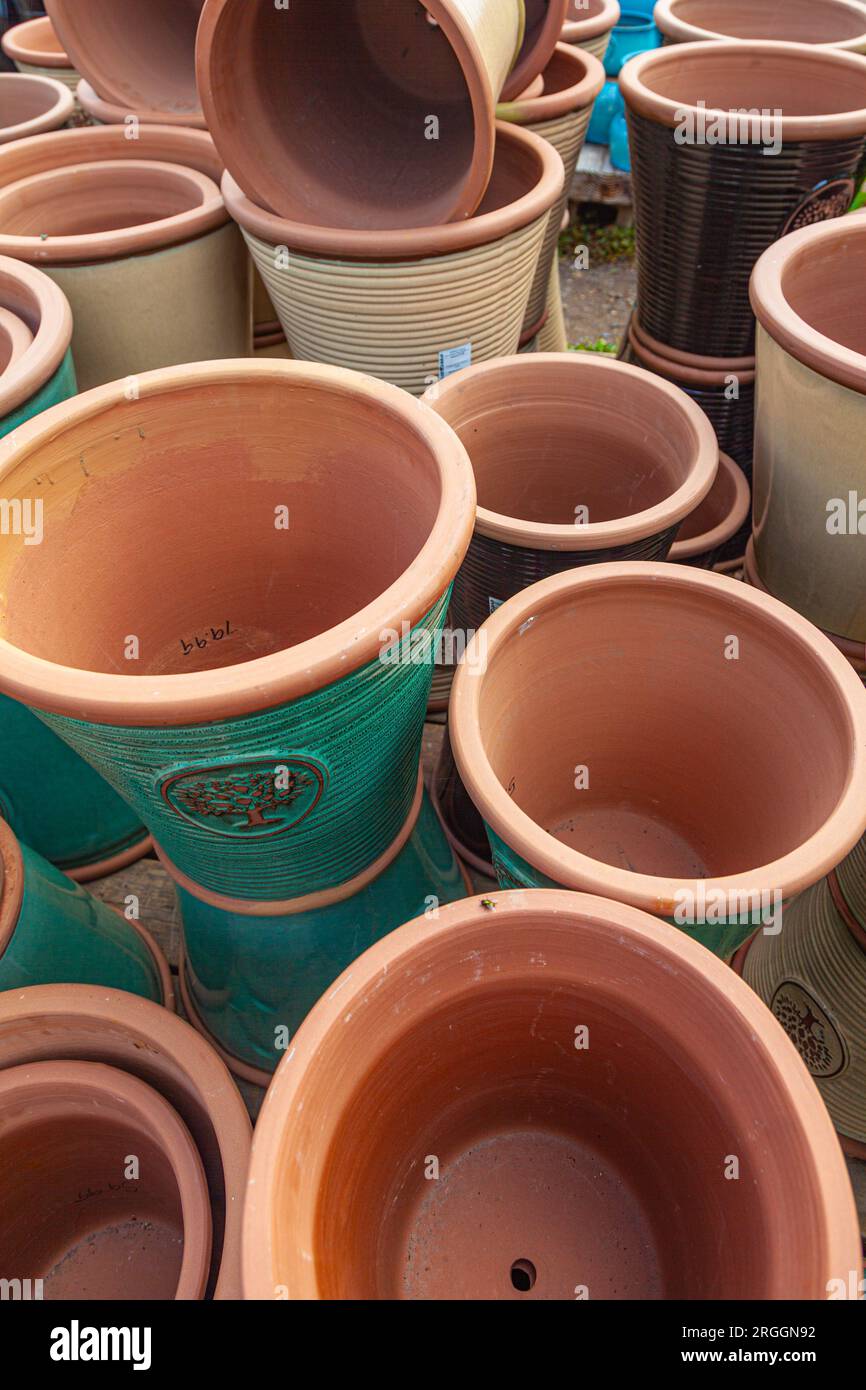 Random clay pots for sale at a garden centre Stock Photo