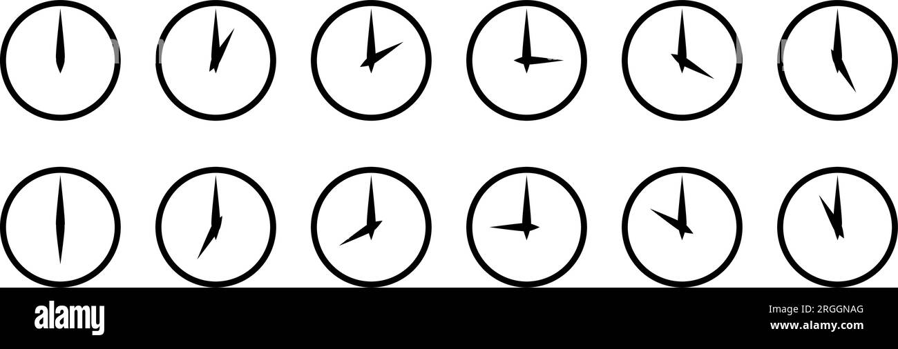 Simple Minimalist Analog Clock Symbol Icon Set Showing Every Hour