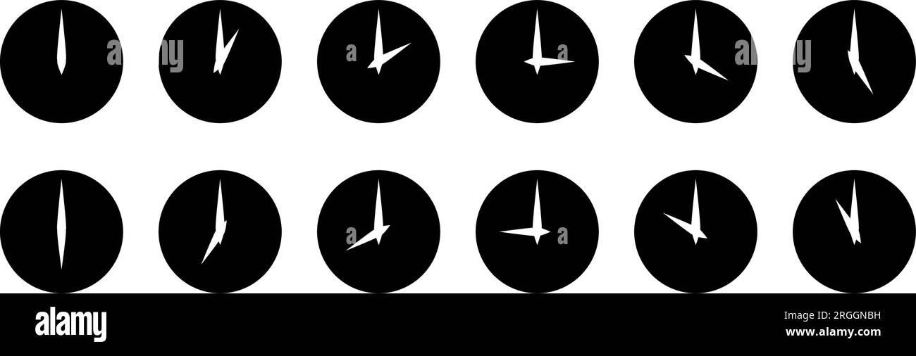Simple Minimalist Analog Clock Symbol Icon Set Showing Every Hour