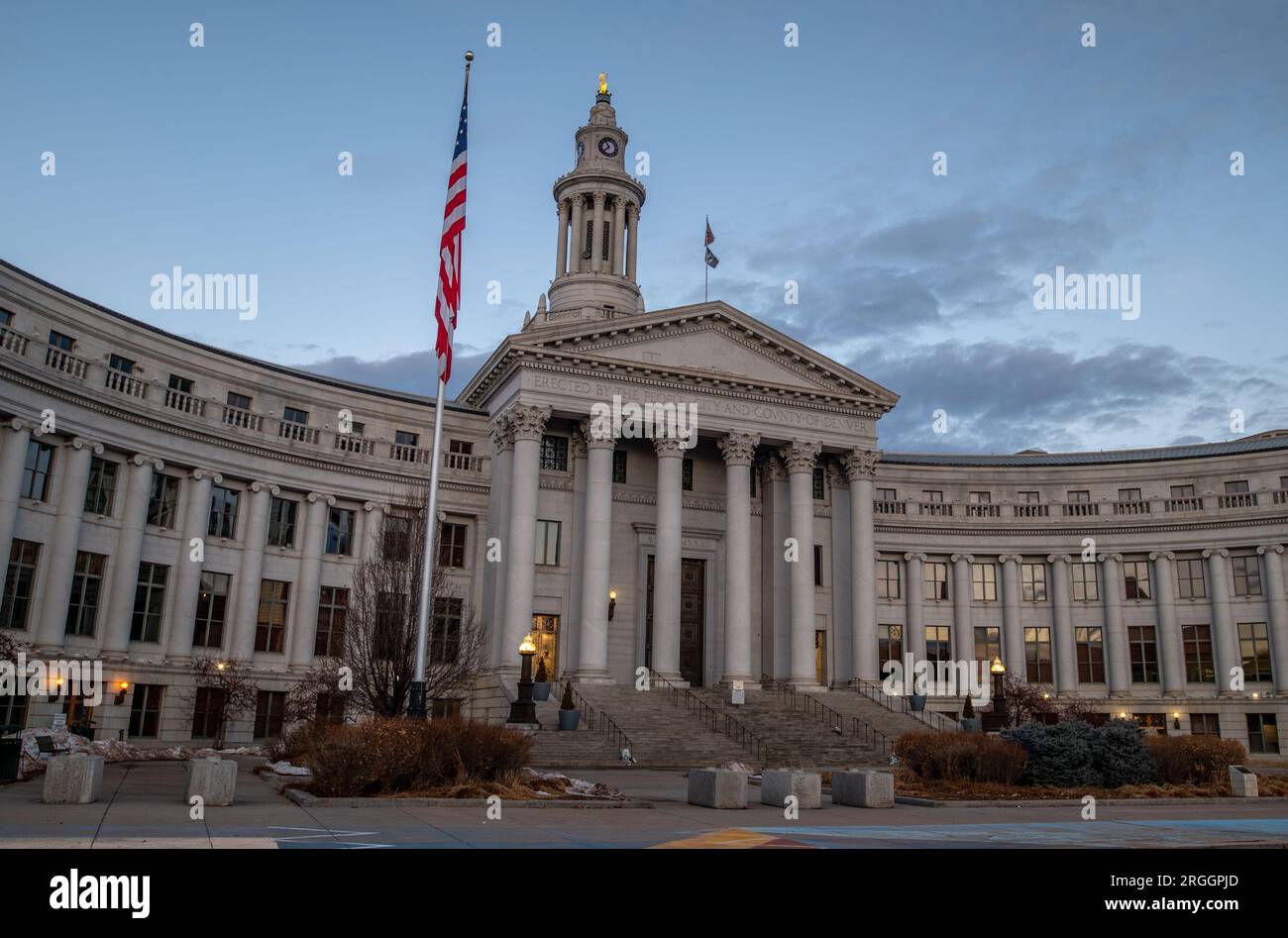 Denver, Colorado - February 12 2023: A view of the City Courthouse from Civic Center Park in the quiet moments of a Sunday morning before the city wak Stock Photo