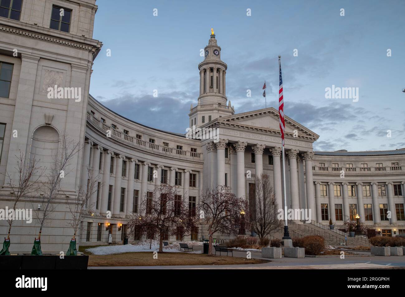 Denver, Colorado - February 12 2023: A view of the City Courthouse from Civic Center Park in the quiet moments of a mid-winter Sunday morning before t Stock Photo