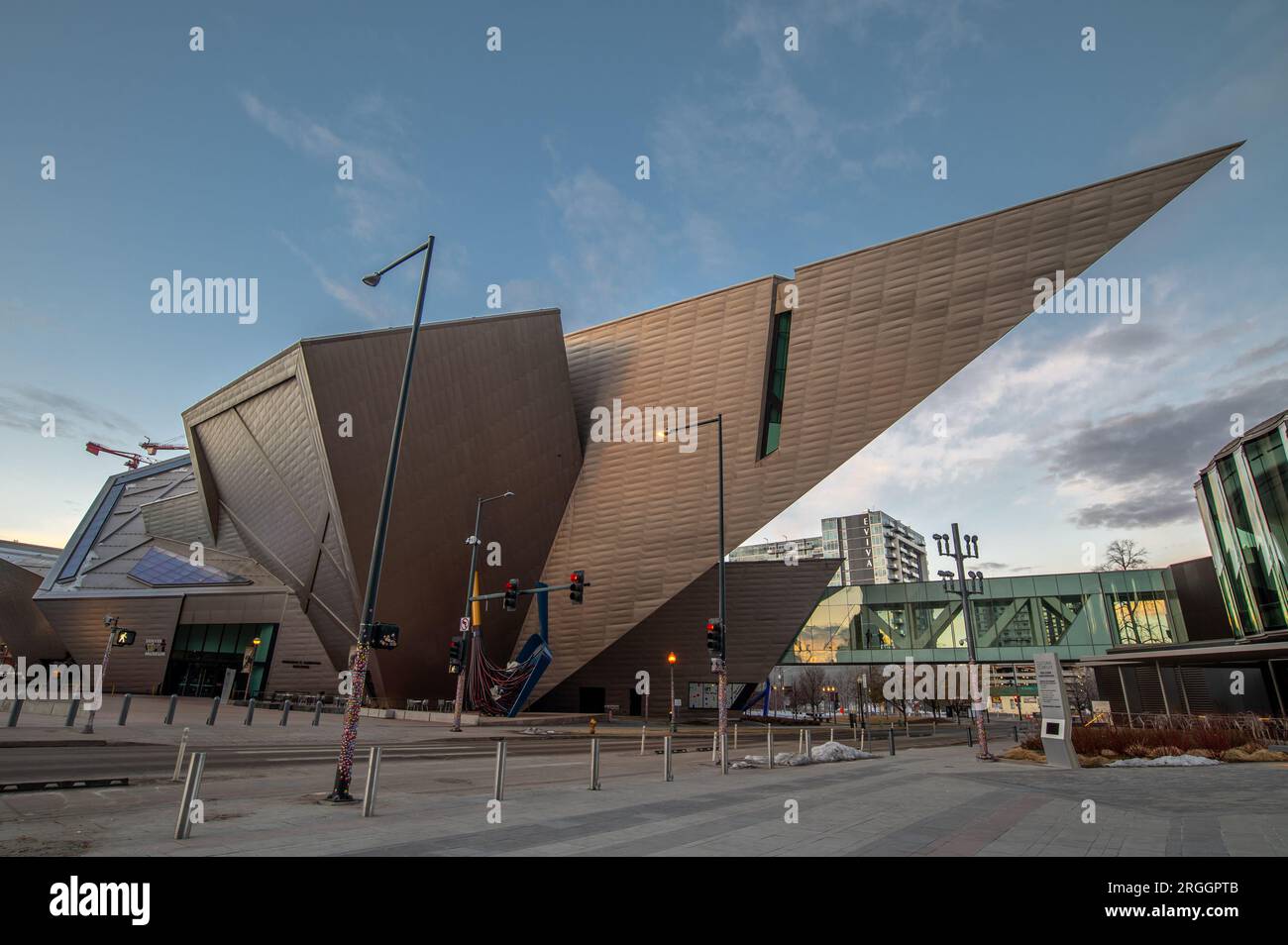 Denver, Colorado - February 12 2023: A view of the Denver Art Museum on a quiet mid-winter Sunday morning before the city wakes up. Stock Photo
