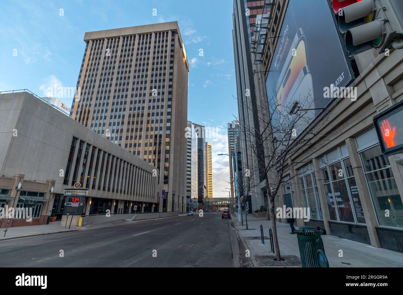 Denver, Colorado - February 12 2023: A view of a downtown Denver street still quiet on a mid-winter Sunday morning as the city slowly wakes up. Stock Photo