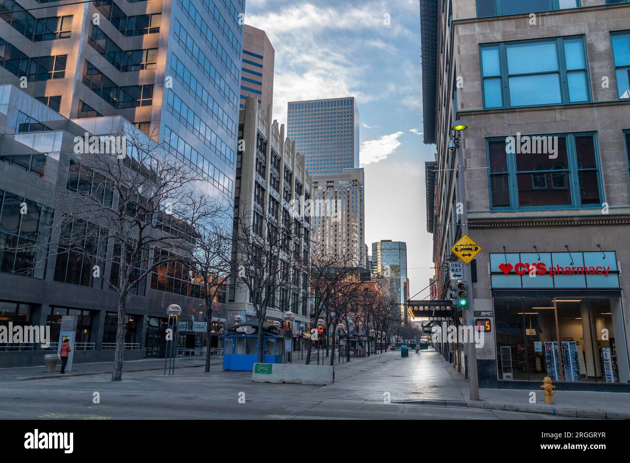 Denver, Colorado - February 12 2023: A view of the quiet and empty downtown streets on an early Sunday morning as the city begins to wake up. Stock Photo