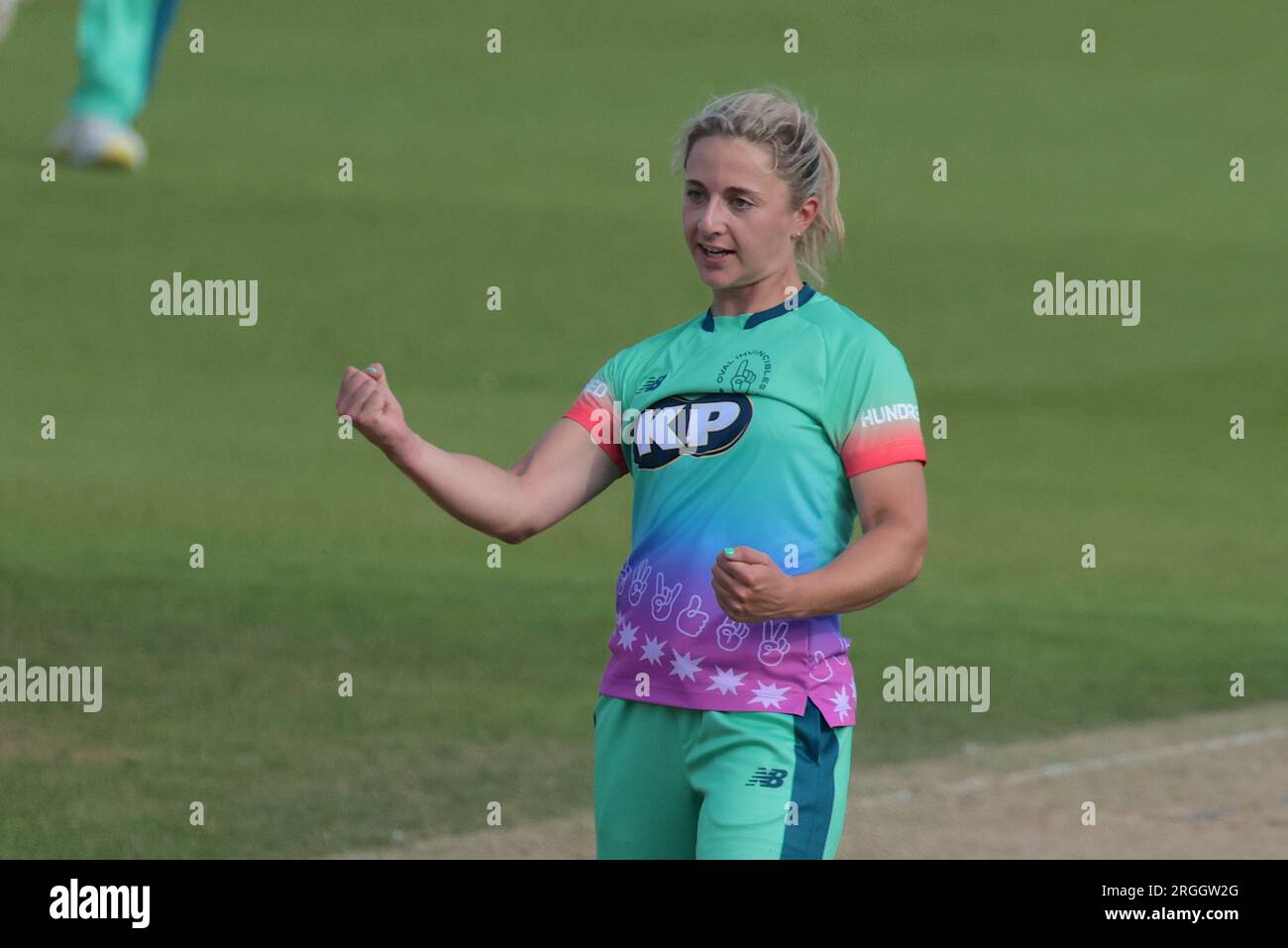 London, UK. 9th Aug, 2023. Eva Gray of The Oval Invincibles celebrates after getting the wicket of Amanda-Jade Wellington as Oval Invincibles take on the Manchester Originals in The Hundred women's competition at The Kia Oval. Credit: David Rowe/Alamy Live News Stock Photo