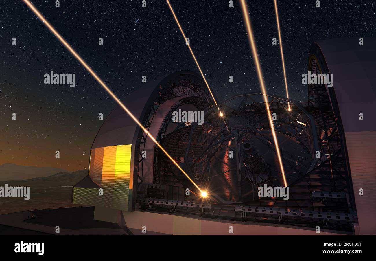 Observatory under starry sky emitting beams of light Stock Photo