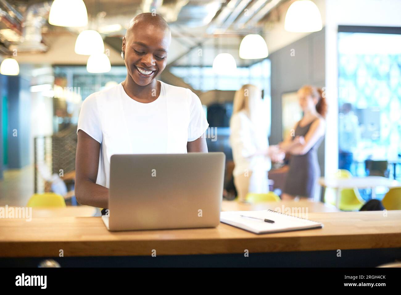 Young businesswoman smiling while using laptop Stock Photo