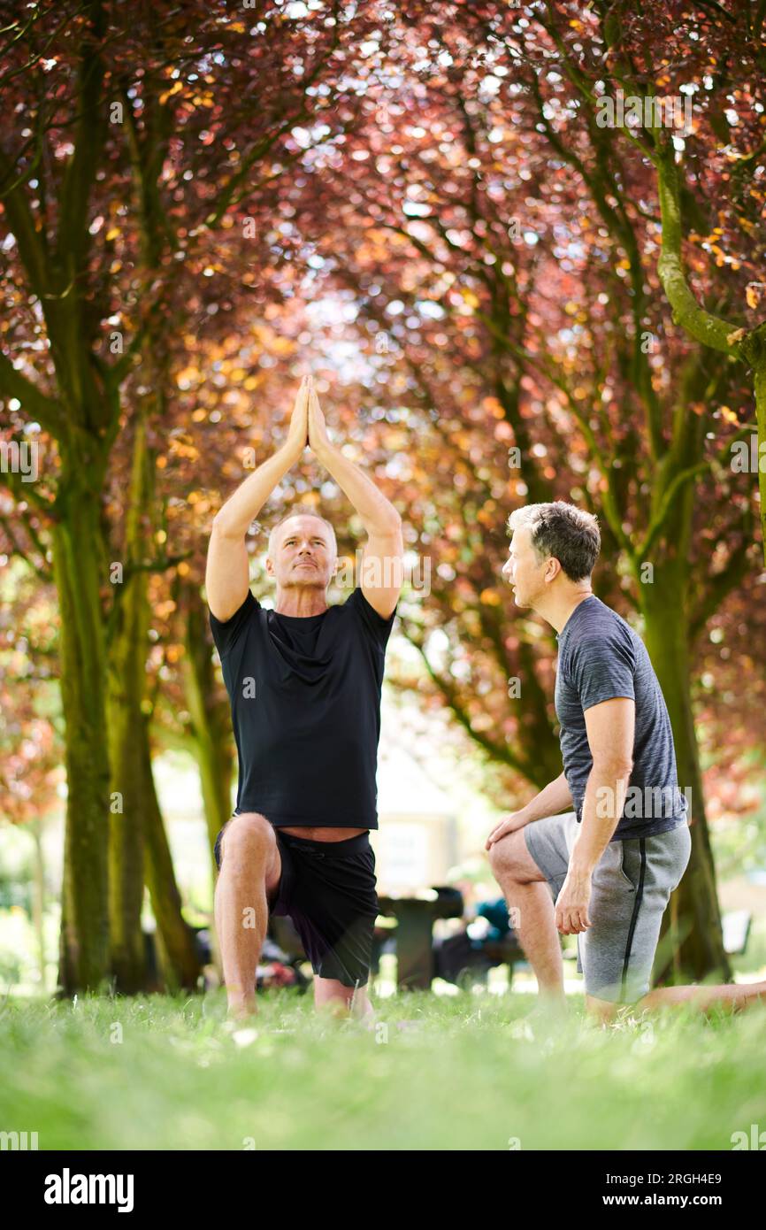 Mature men practicing yoga in park Stock Photo