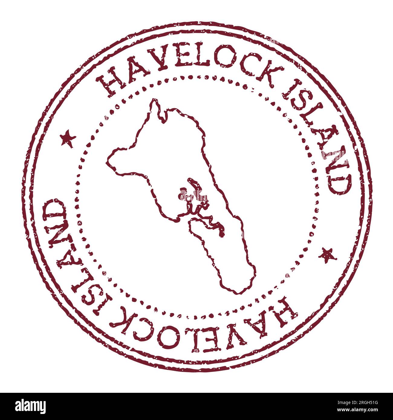 Havelock Island round rubber stamp with island map. Vintage red