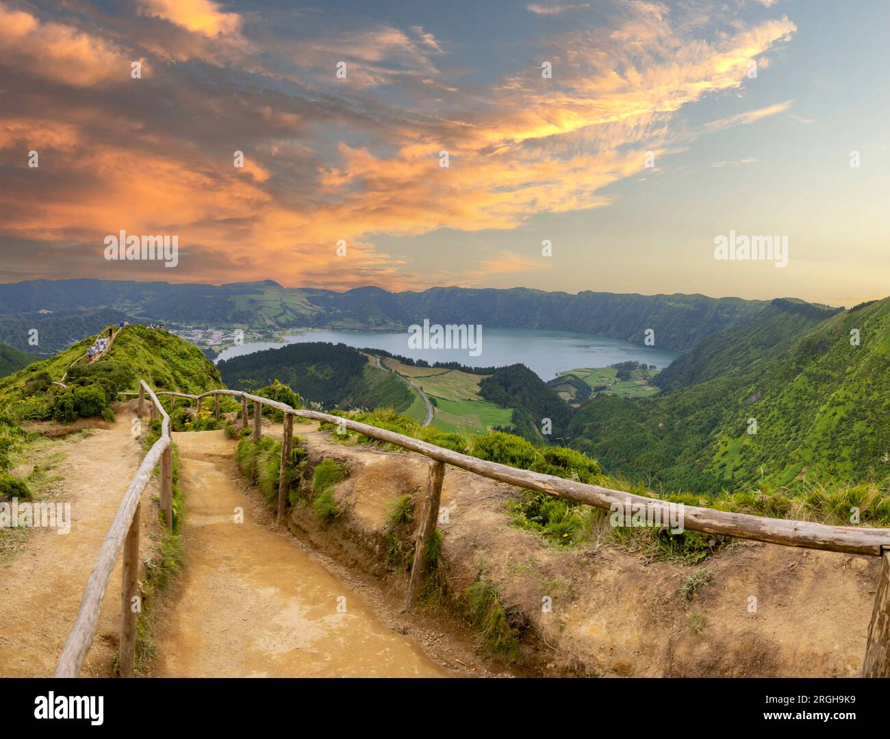 Panoramic landscape view of Twin Lakes of Sete Cidades from Boca do Inferno viewpoint in the island of Sao Miguel, Azores, Portugal Stock Photo
