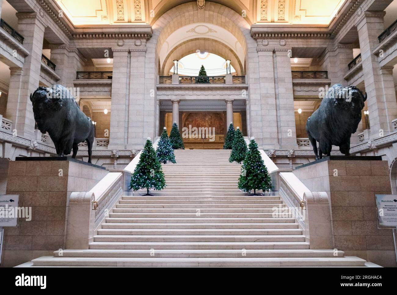 Part of the interior of Manitoba Legislature building with two life sized bison statues at the base of the Grand Staircase. The bison is an important Stock Photo