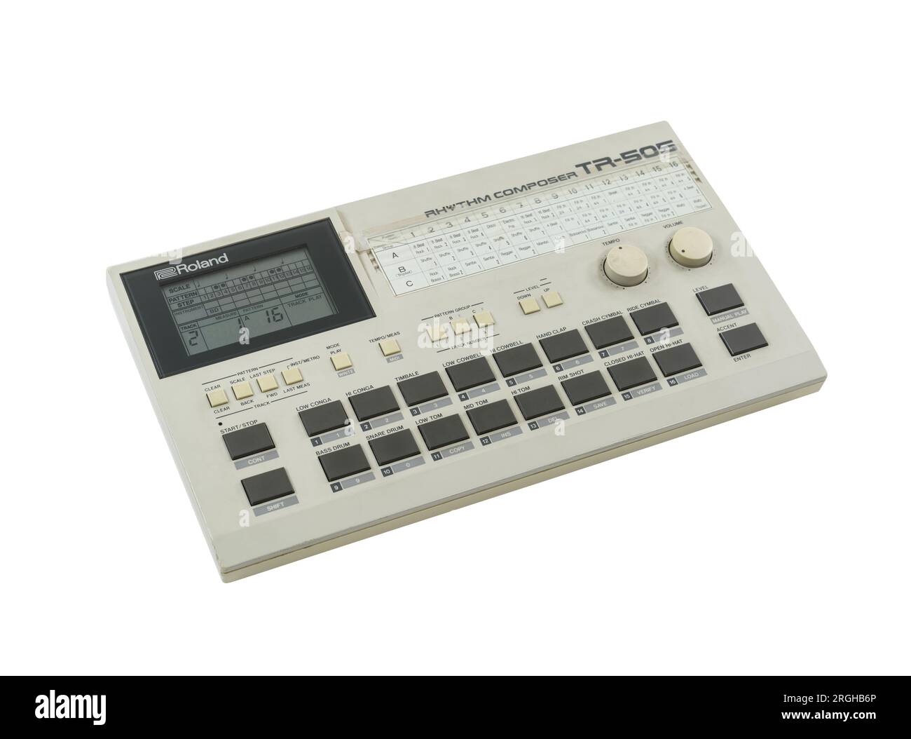 Los Angeles, California, USA - March 3, 2022:  Illustrative editorial photograph of old Roland TR-505 Rhythm Composer drum machine.  Isolated with cut Stock Photo