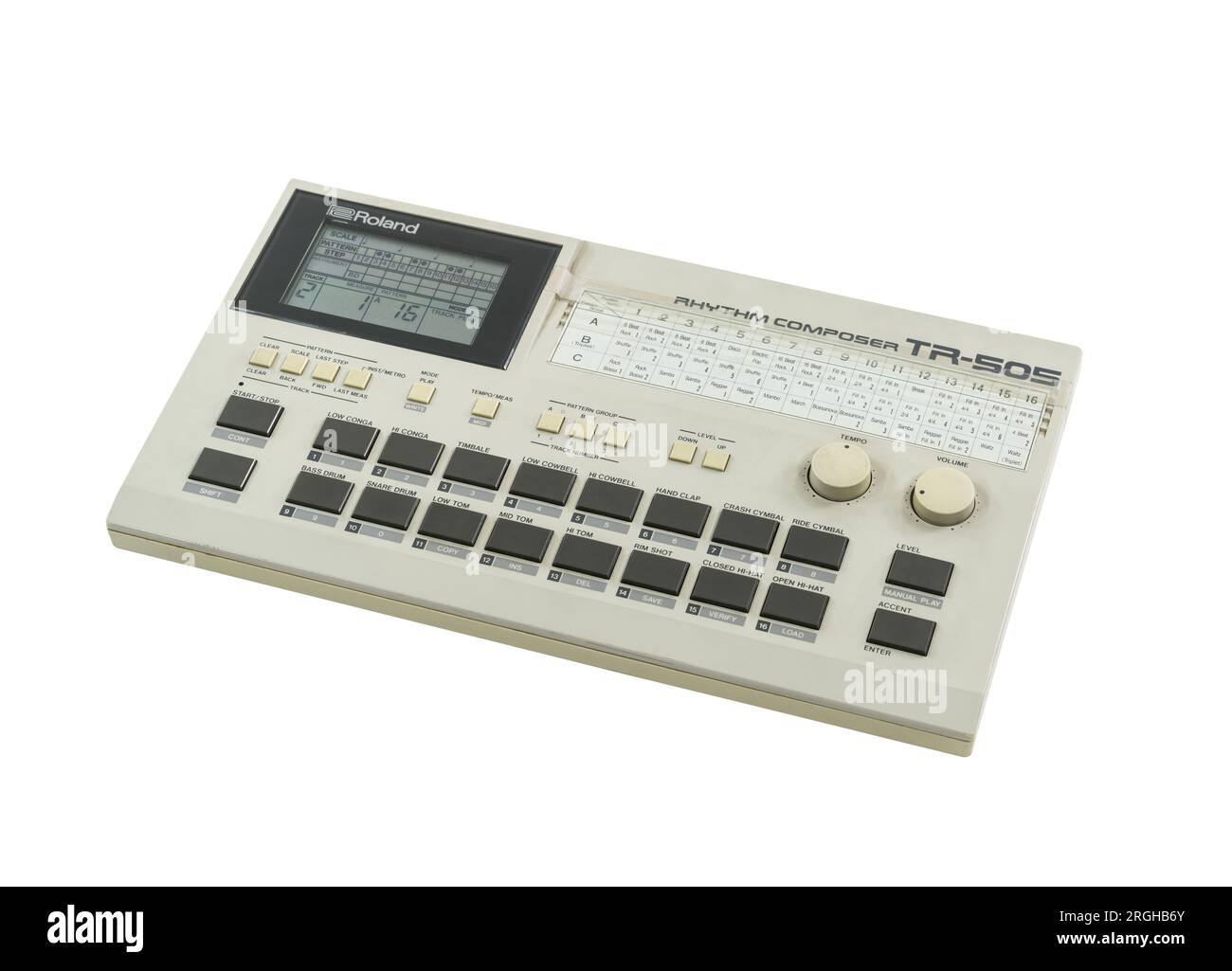 Los Angeles, California, USA - March 3, 2022:  Illustrative editorial photo of vintage Roland TR-505 Rhythm Composer drum machine.  Isolated with cut Stock Photo