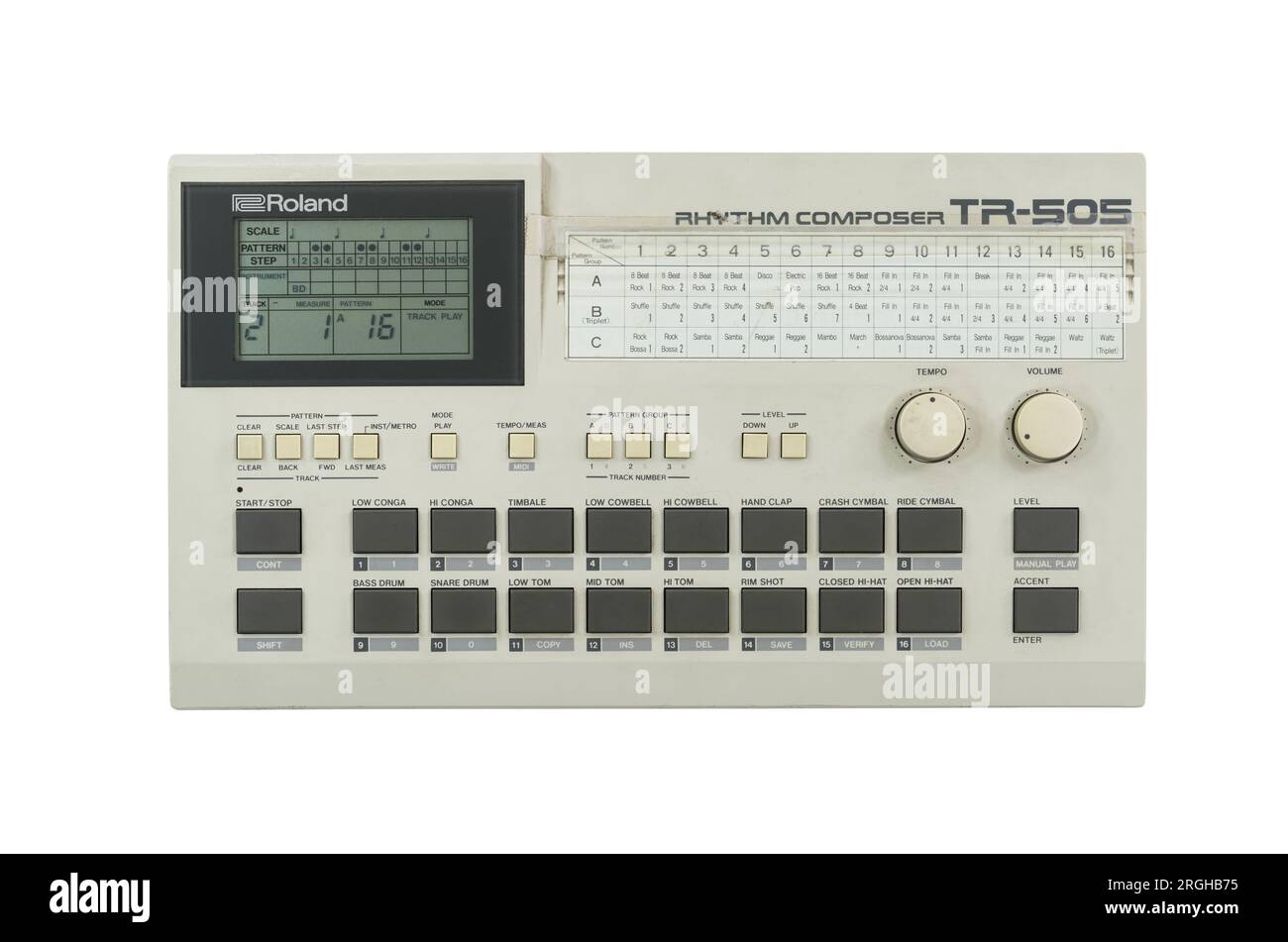 Los Angeles, California, USA - March 3, 2022:  Illustrative editorial photograph of vintage Roland TR-505 Rhythm Composer drum machine.  Isolated with Stock Photo