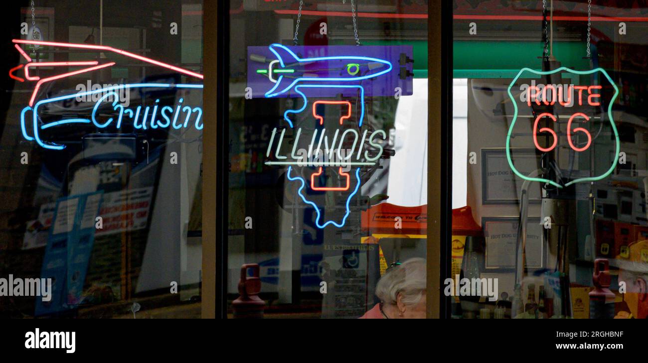 Window of the iconic Launch Pad Restaurant along Route 66 in Wilmington