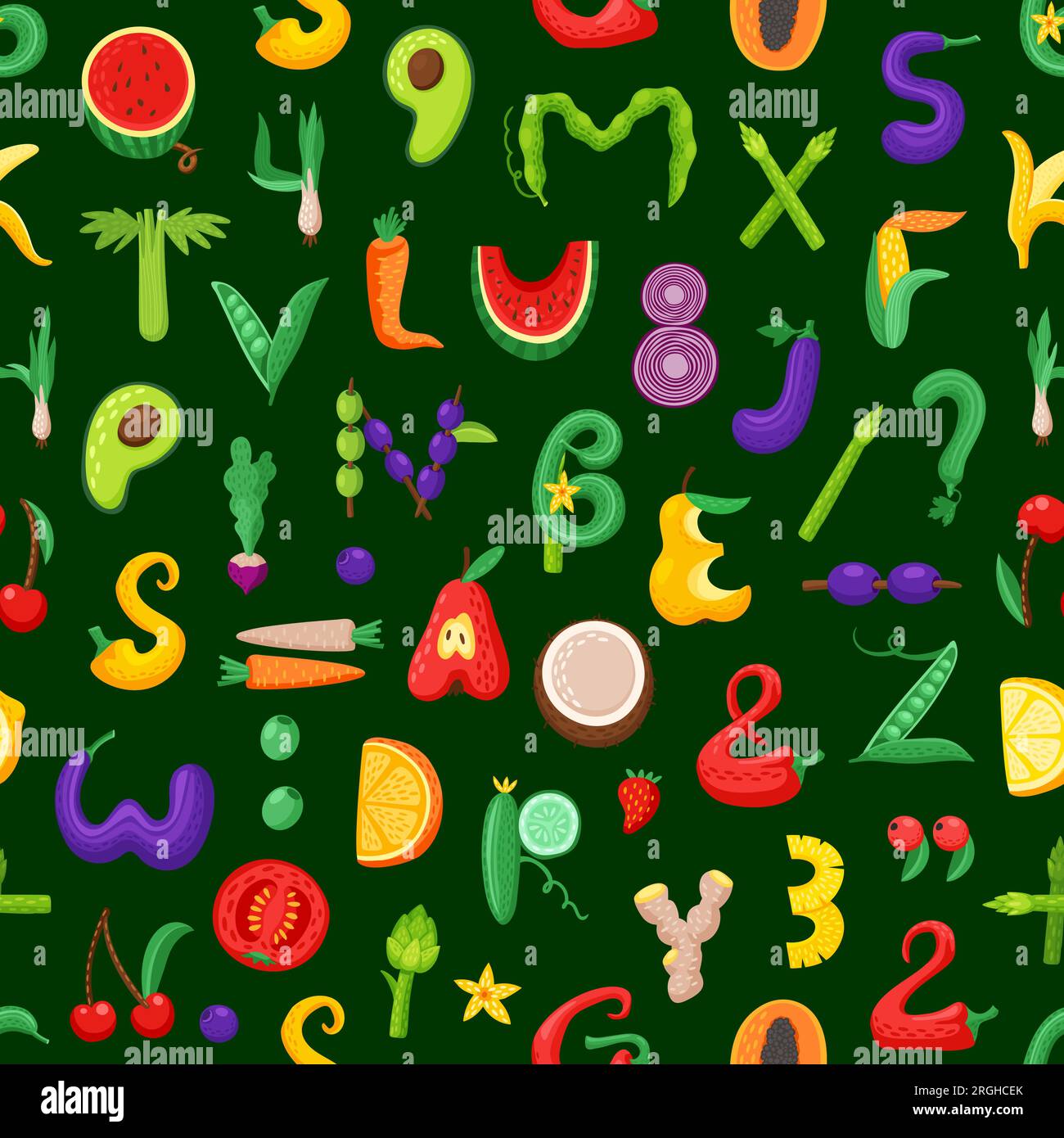 Cartoon Fruit And Vegetable Font Letters Seamless Pattern Healthy Food Alphabet Vector 7069