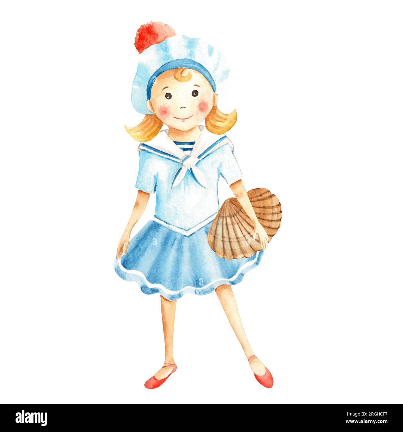 Cute little sailor girl in a marine dress with sea shell. Watercolour nautical illustration for children. Hand painted on white background. For Stock Photo
