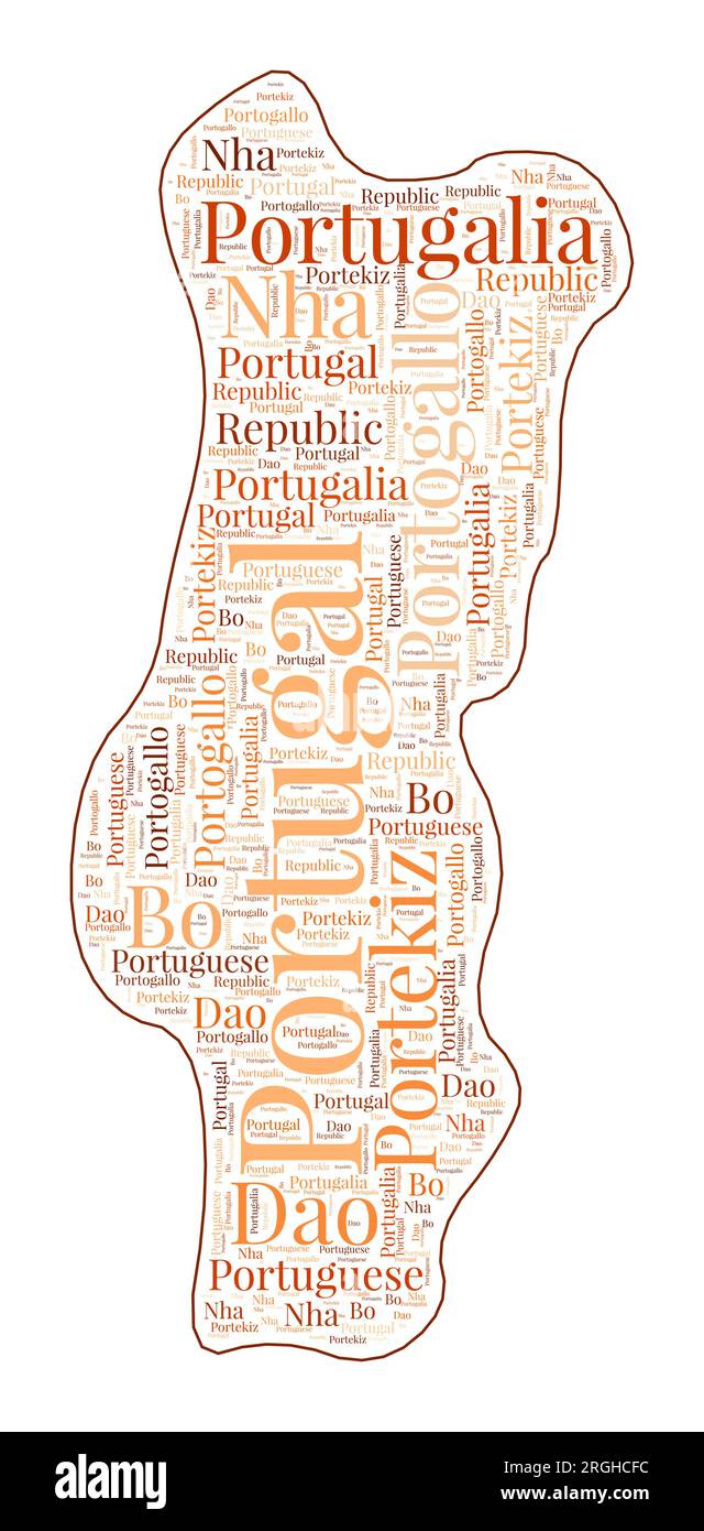 Portugal shape filled with country name in many languages. Portugal map in wordcloud style. Artistic vector illustration. Stock Vector